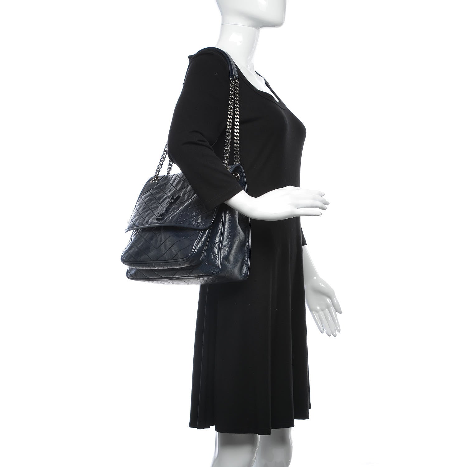 Saint Laurent Crinkled Calfskin Matelasse Monogram Large Niki Chain Satchel Deep Marine 2 of 8