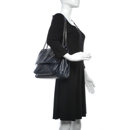 Saint Laurent Crinkled Calfskin Matelasse Monogram Large Niki Chain Satchel Deep Marine 2 of 8