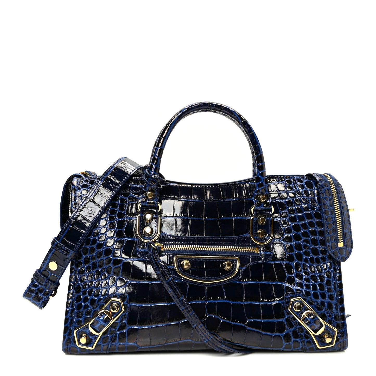 Calfskin Crocodile Embossed Gold Metallic Edge Hardware S City Bleu