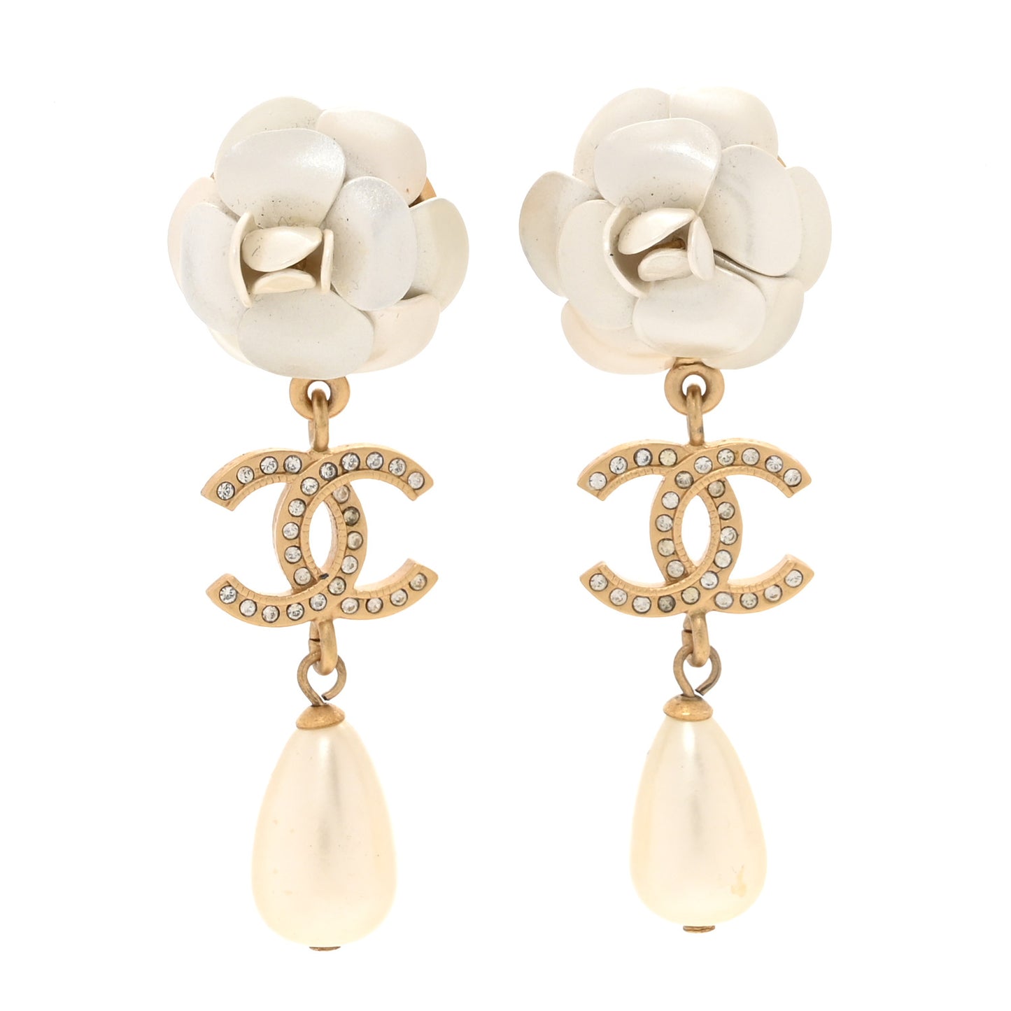 Metal Crystal Pearl 90s Camellia CC Drop Earrings Gold