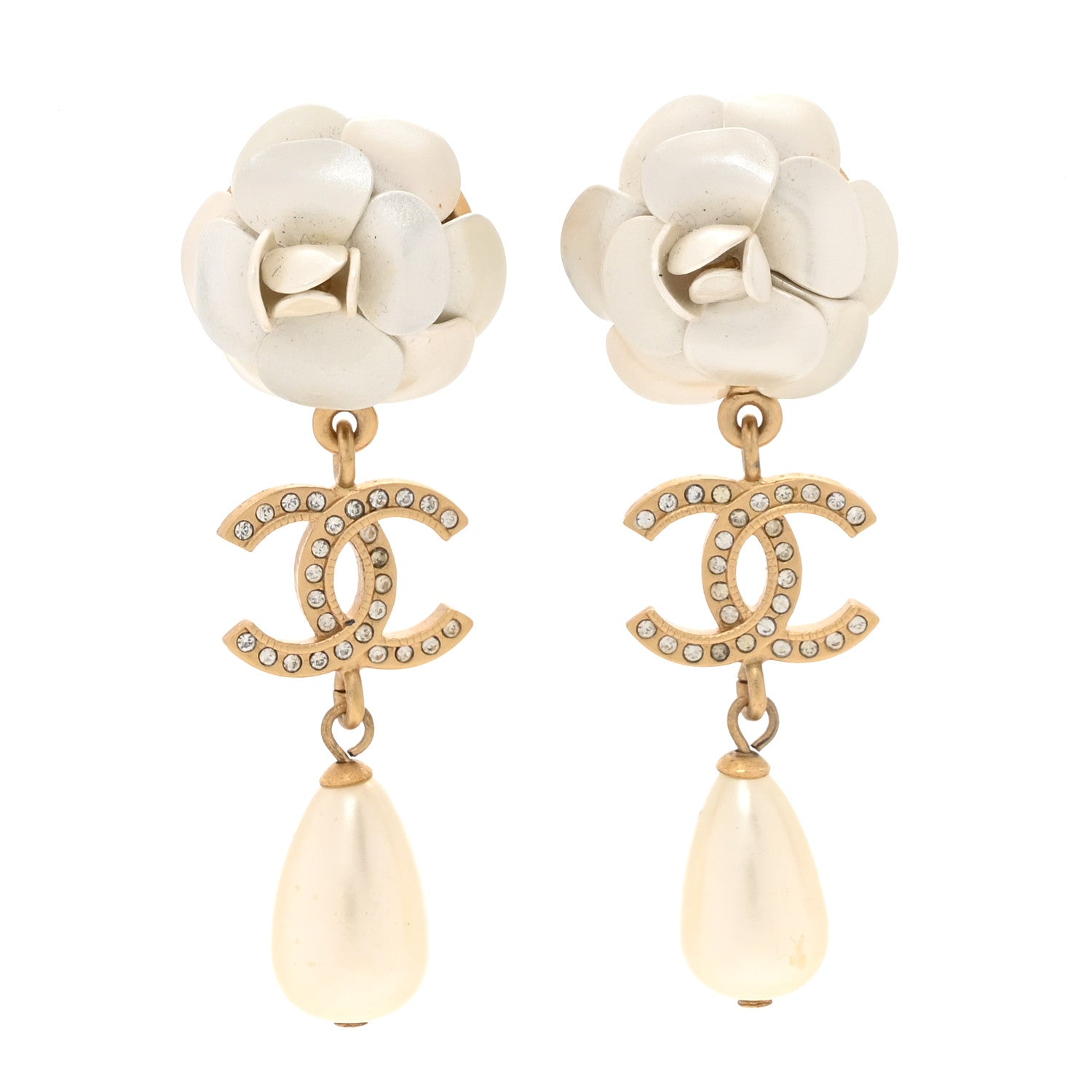 Chanel Metal Crystal Pearl 90s Camellia CC Drop Earrings Gold 1 of 4
