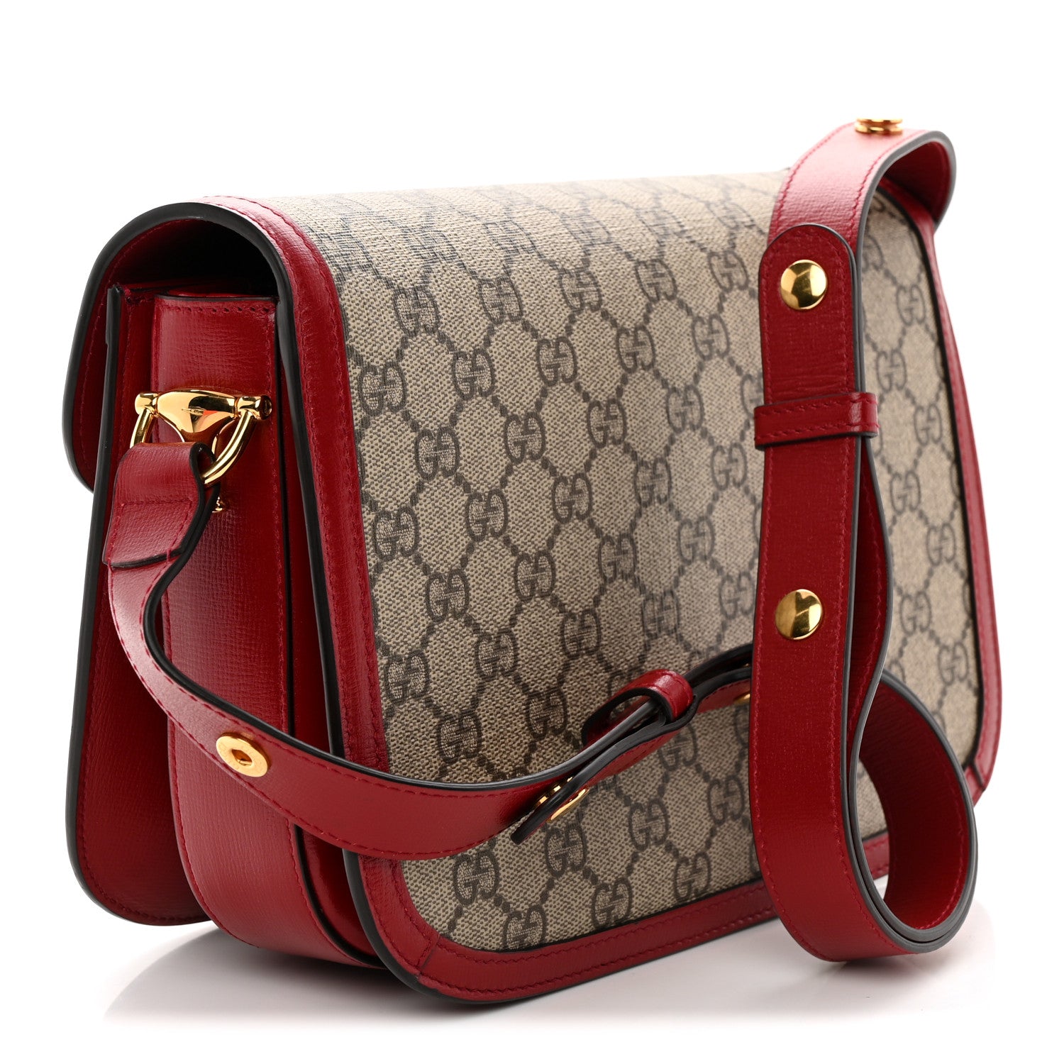 Gucci GG Supreme Monogram Azalea Calfskin Horsebit 1955 Shoulder Bag Beige Ebony New Cherry Red 3 of 11
