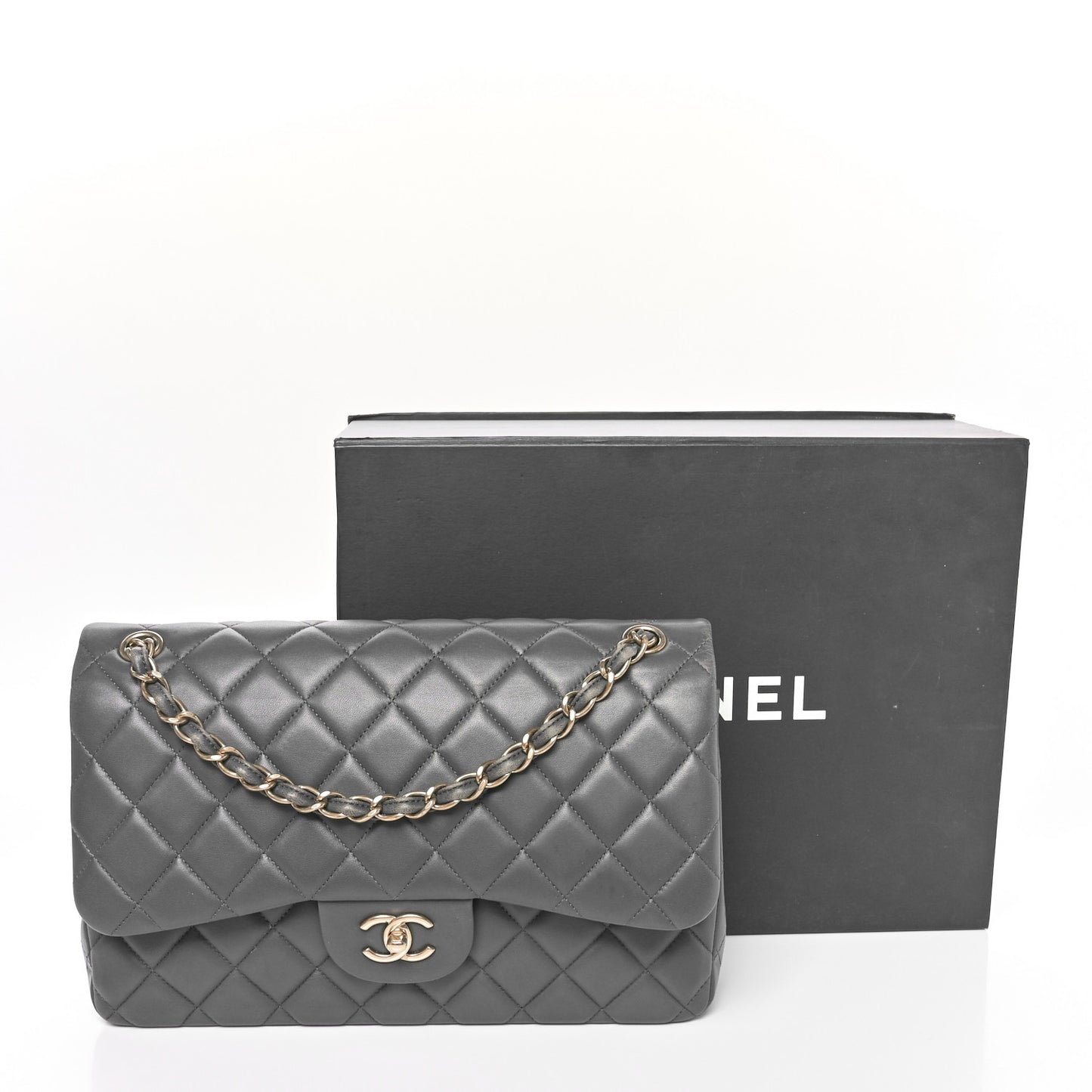 Lambskin Quilted Jumbo Double Flap Dark Grey