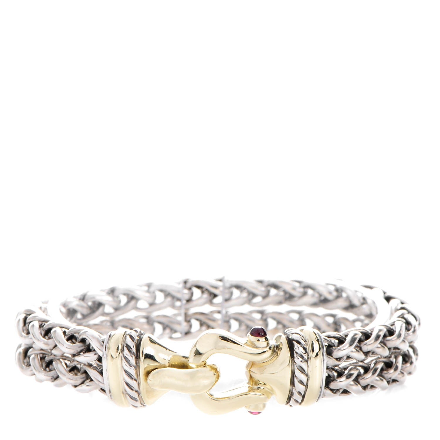 David Yurman Sterling Silver 14K Yellow Gold Red Tourmaline Double Wheat Buckle Bracelet 1 of 7