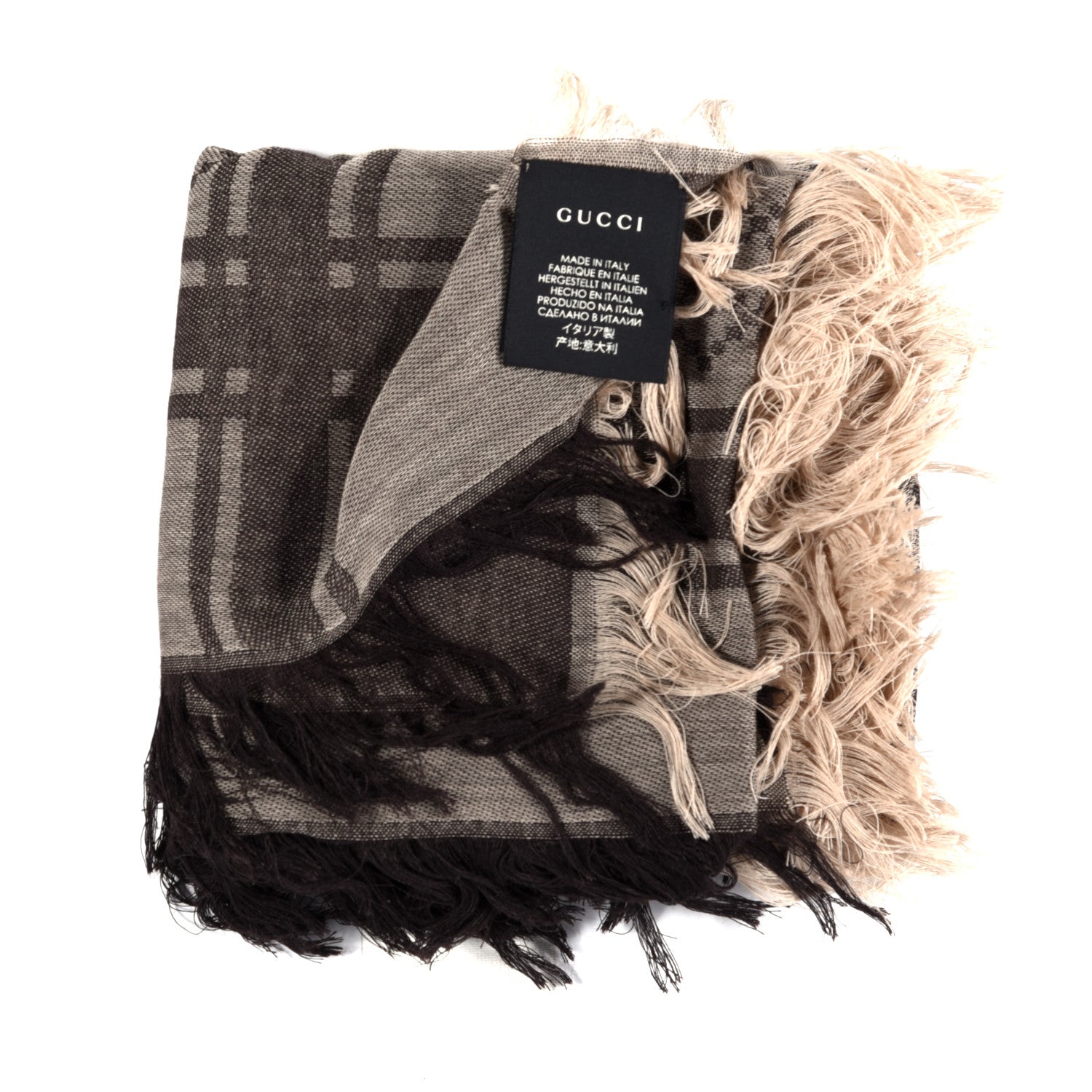 Gucci Wool Silk Monogram Fringe Square Scarf Brown 4 of 4