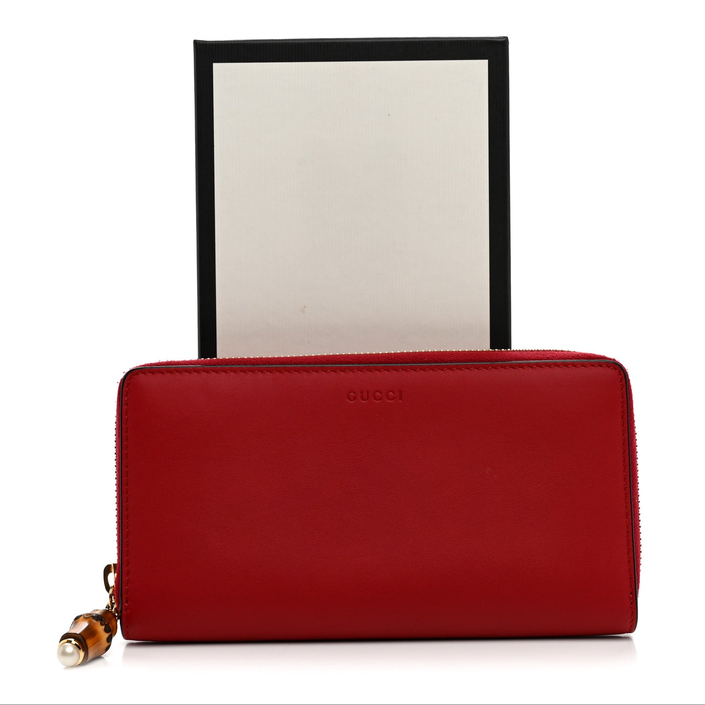 Calfskin Bamboo Round Zip Long Wallet Red