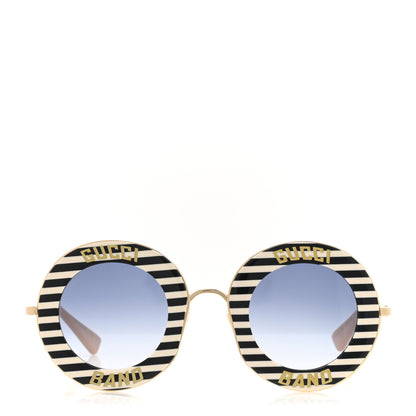 Gucci Metal Acetate Striped Gucci Band Round Frame Sunglasses GG0113S Black White 2 of 7