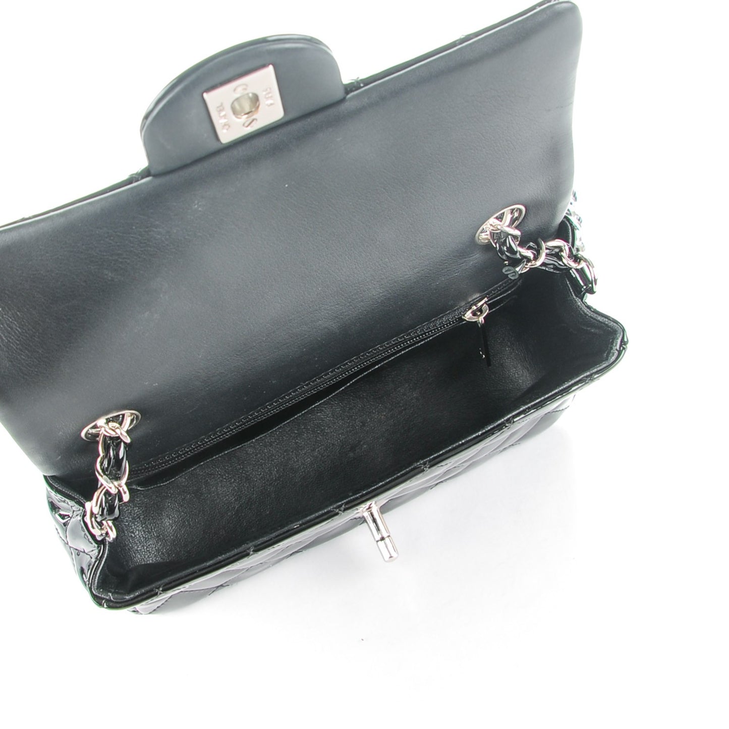 Patent Calfskin Quilted Mini Rectangular Flap Black