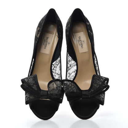 Valentino Garavani Satin Lace Couture Bow Peep Toe Low Heel Pumps 37 Black 5 of 9