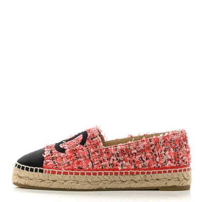 Chanel Tweed Grosgrain CC Espadrilles 38 Coral Red Pink Black 1 of 10