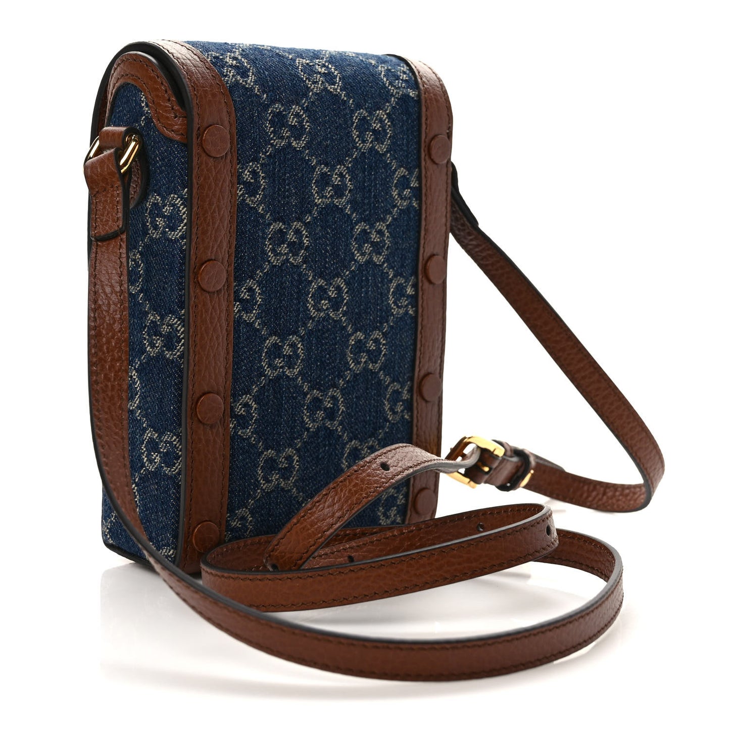 New Denim GG Monogram Dollar Calfskin Mini Horsebit 1955 Crossbody Bag Blue Tea Cuir Epilog