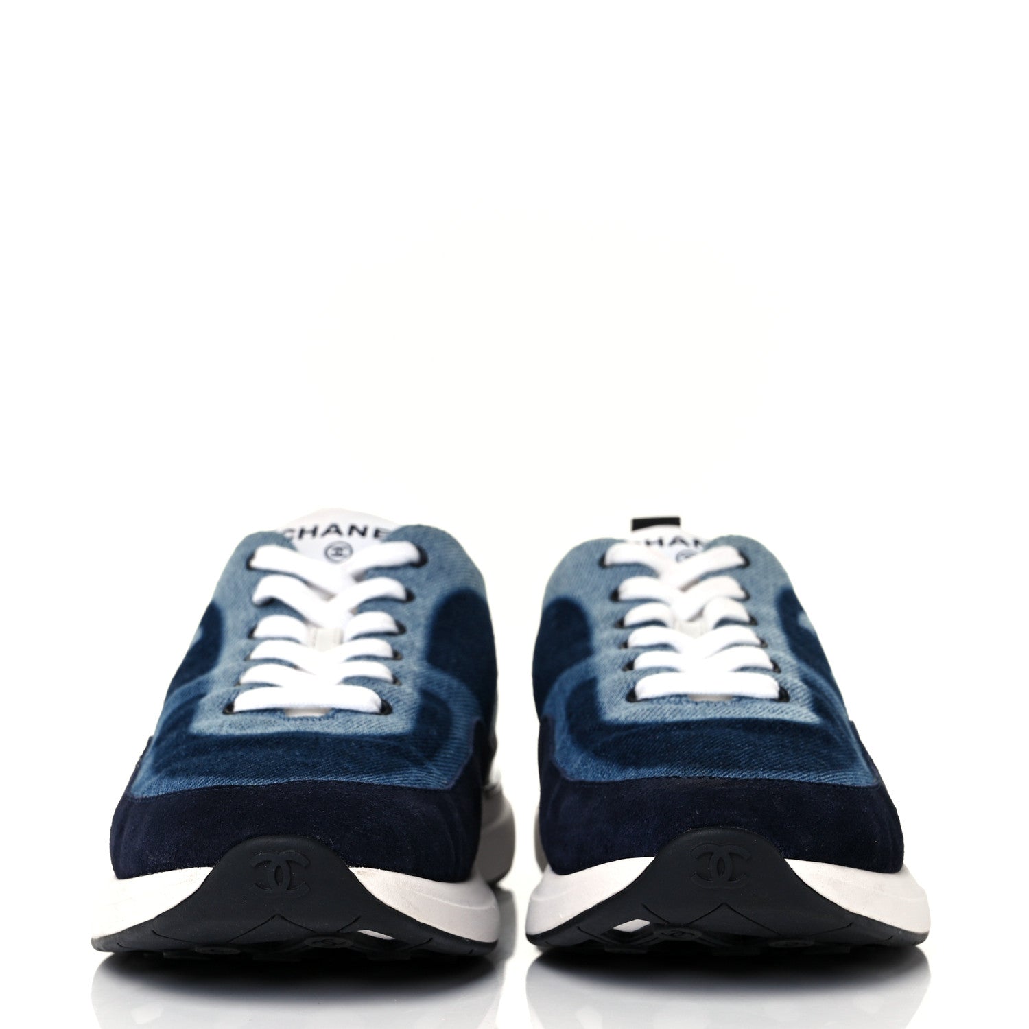 Chanel Denim Suede Calfskin Womens CC Sneakers 39 Dark Blue White Black 4 of 18