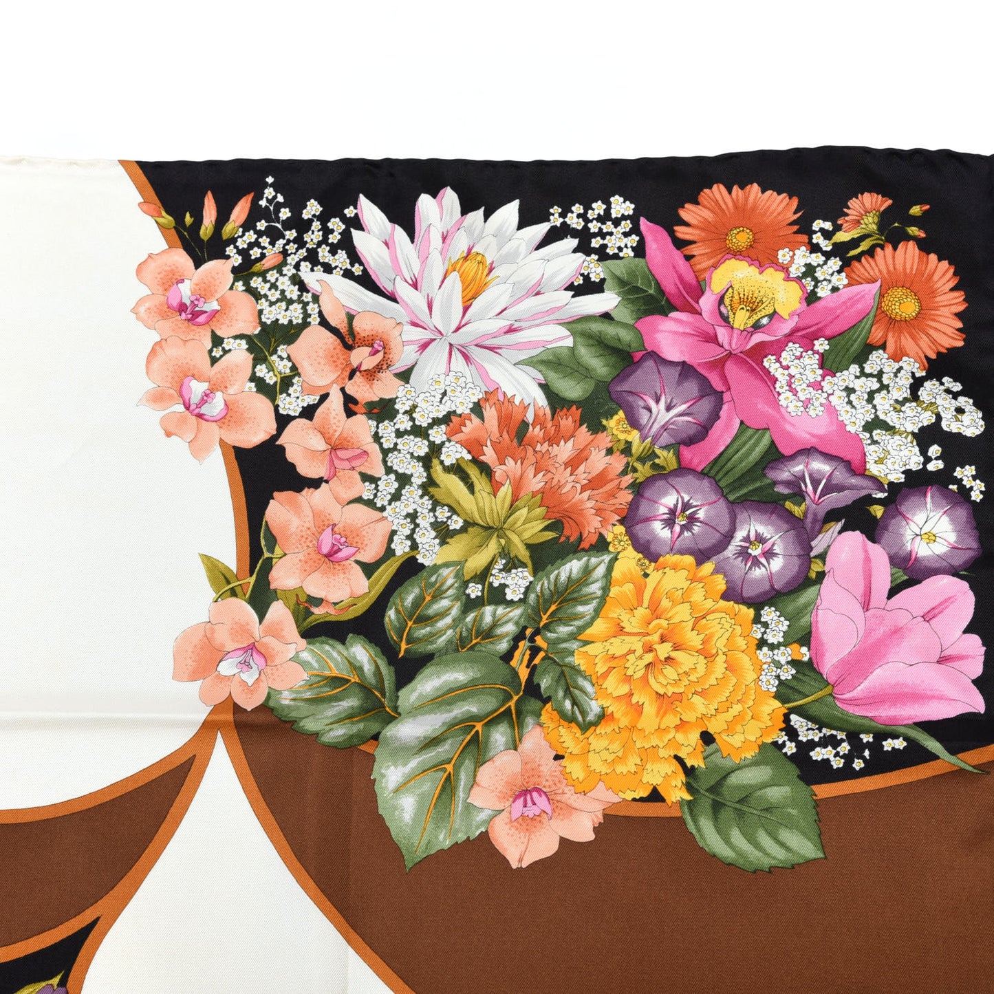 Silk Floral Square Scarf White Brown