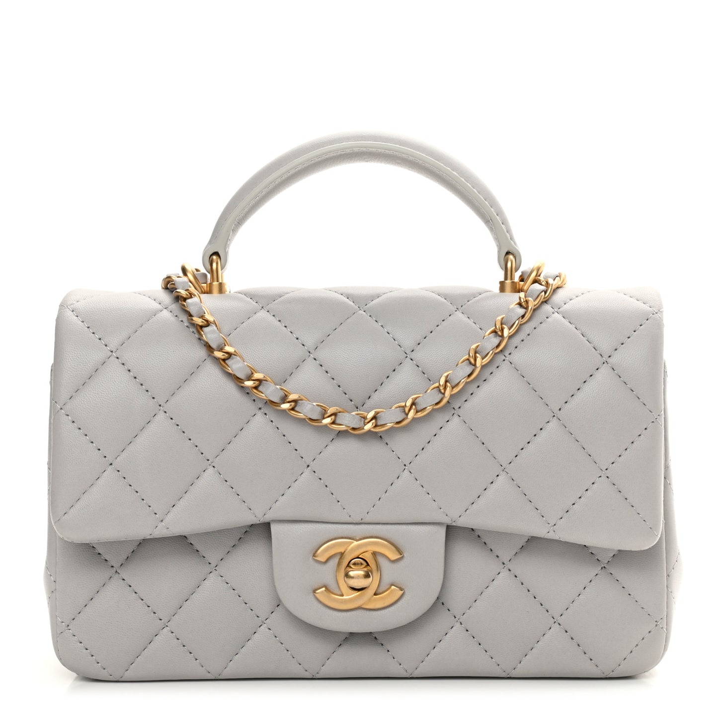 Lambskin Quilted Mini Top Handle Rectangular Flap Grey