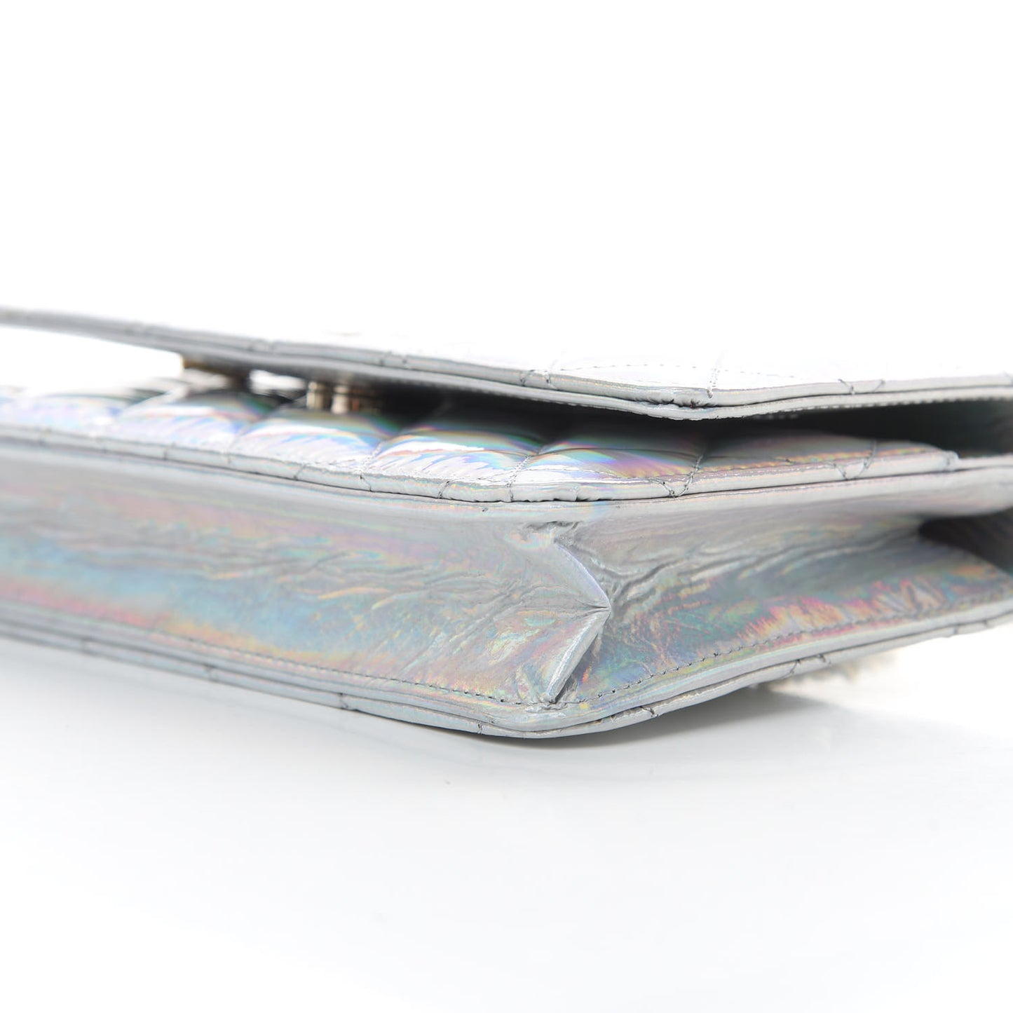 Iridescent Goatskin Quilted Wallet On Chain WOC Silver