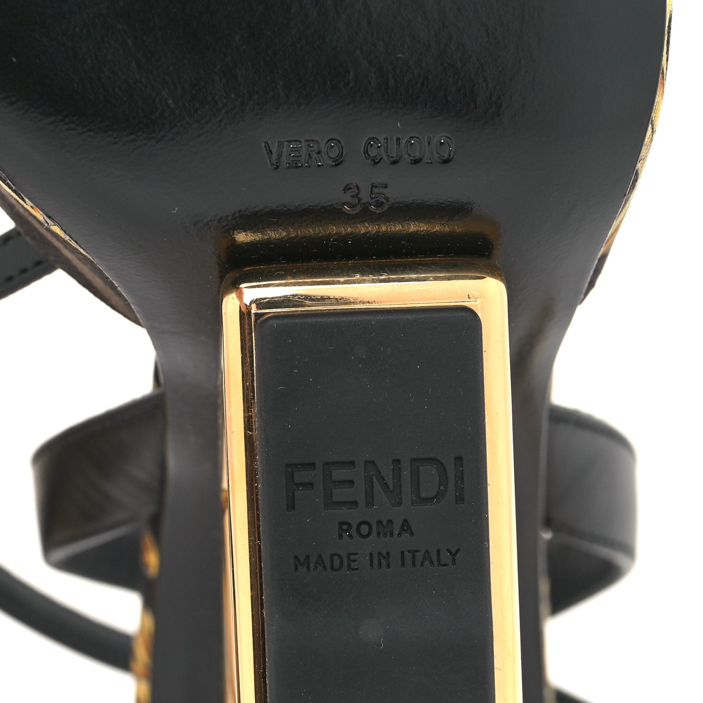 X VERSACE Silk Calfskin Fendace Fendi First 95mm Slingback Sandals 35 Tobacco Black Gold