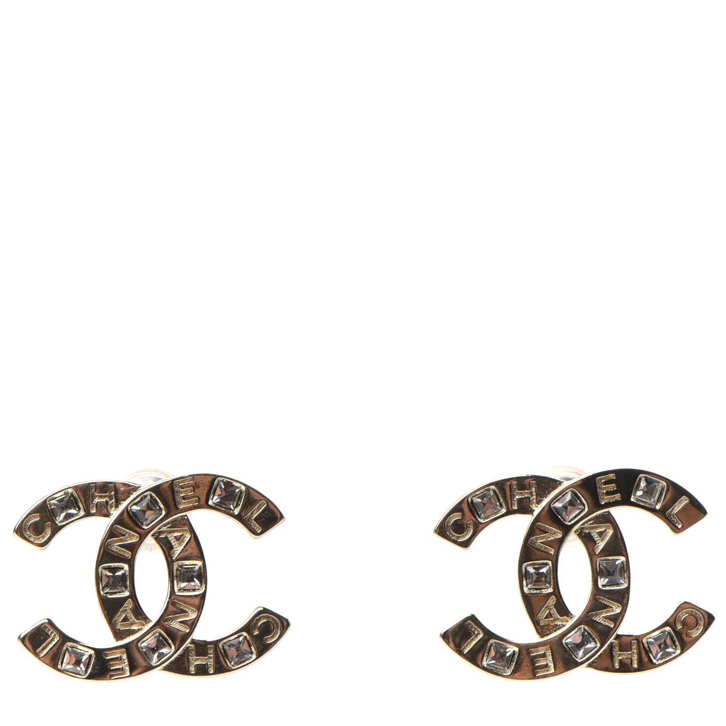 Crystal Metal CC Paris Button Stud Earrings Gold