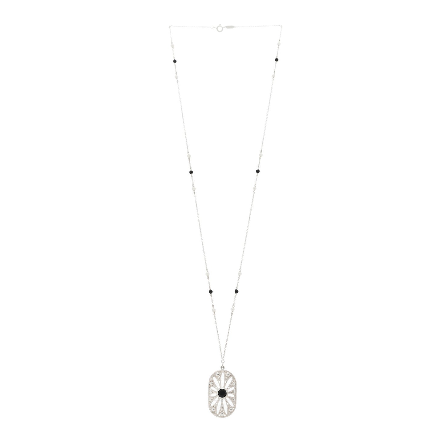 Sterling Silver Black Onyx Pearl Ziegfeld Daisy Pendant Necklace