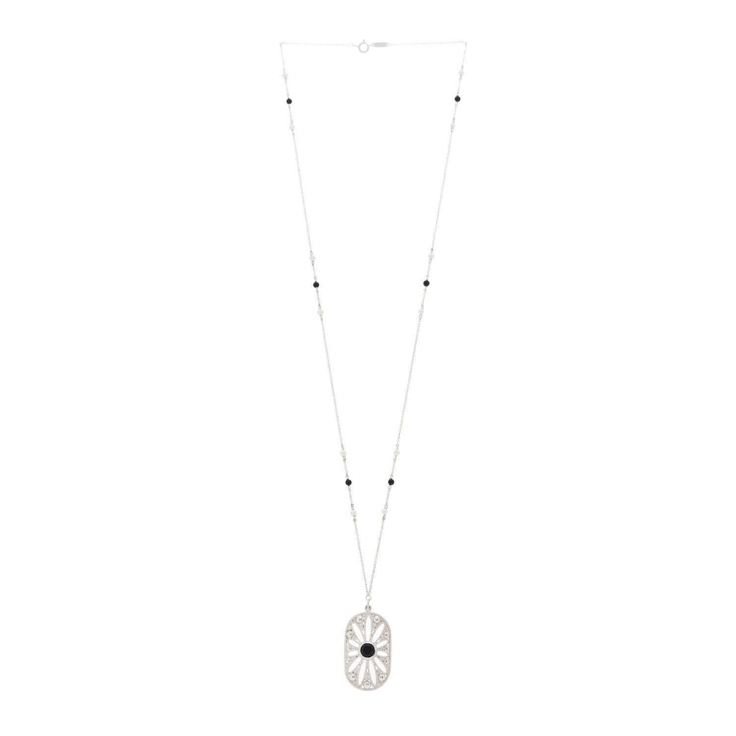 Tiffany Sterling Silver Black Onyx Pearl Ziegfeld Daisy Pendant Necklace 2 of 6