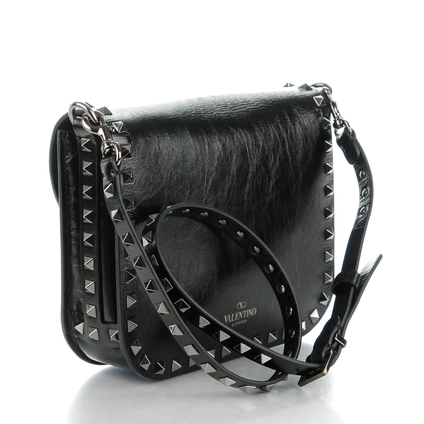 Craquele Calfskin Rockstud Shoulder Flap Messenger Bag Black