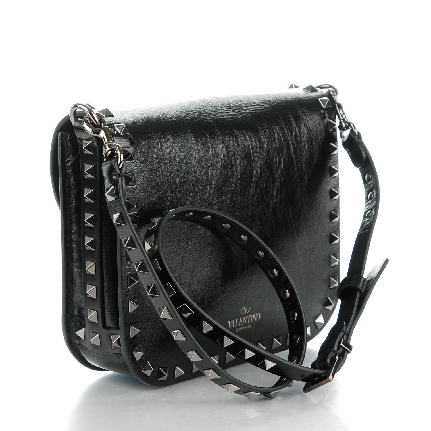 Valentino Garavani Craquele Calfskin Rockstud Shoulder Flap Messenger Bag Black 3 of 7