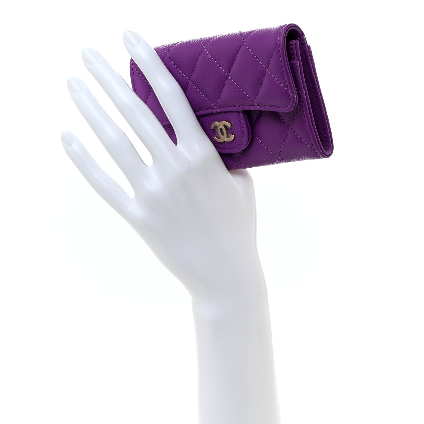 Caviar Quilted Flap Card Holder Wallet Purple