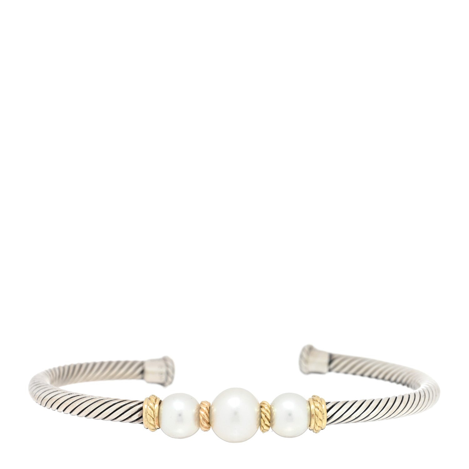David Yurman Sterling Silver 18K Yellow Gold Graduated Pearl 4mm Cable Classics Cuff Bracelet 1 of 3