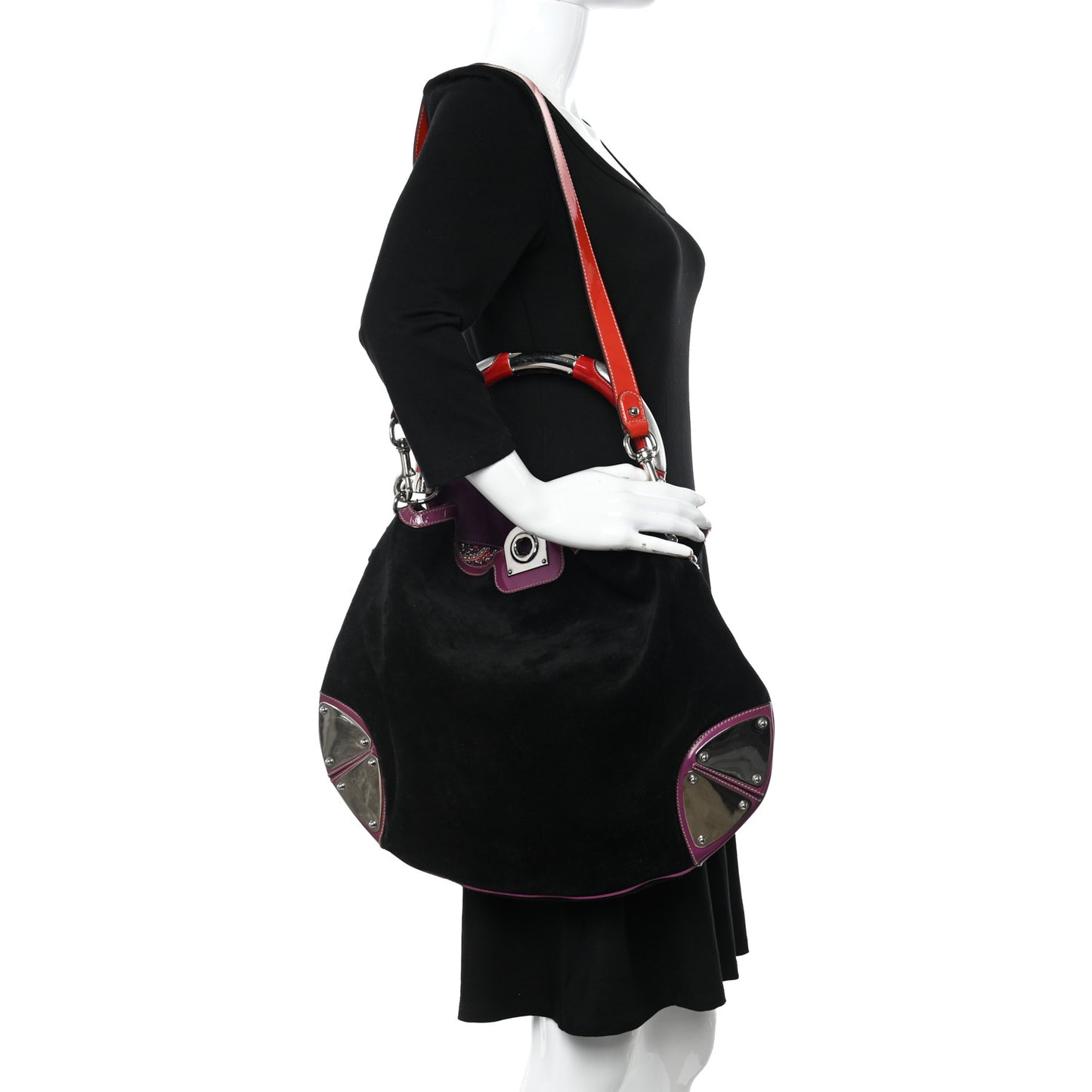 Suede Large Indy Top Handle Hobo Black Purple Red