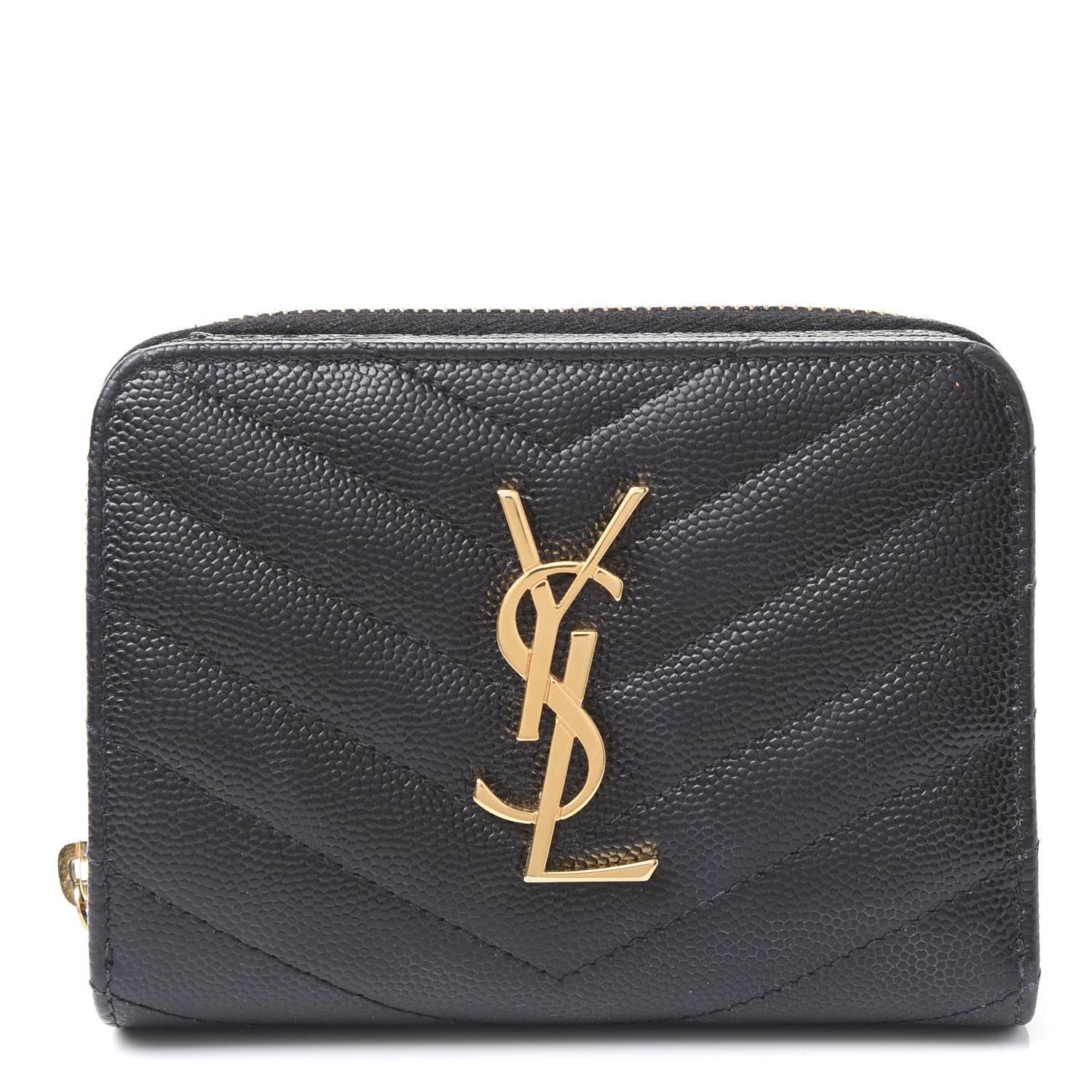 Saint Laurent Grain De Poudre Matelasse Chevron Monogram Compact Zip Around Wallet Black 1 of 11