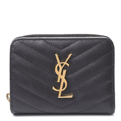 Saint Laurent Grain De Poudre Matelasse Chevron Monogram Compact Zip Around Wallet Black 1 of 11