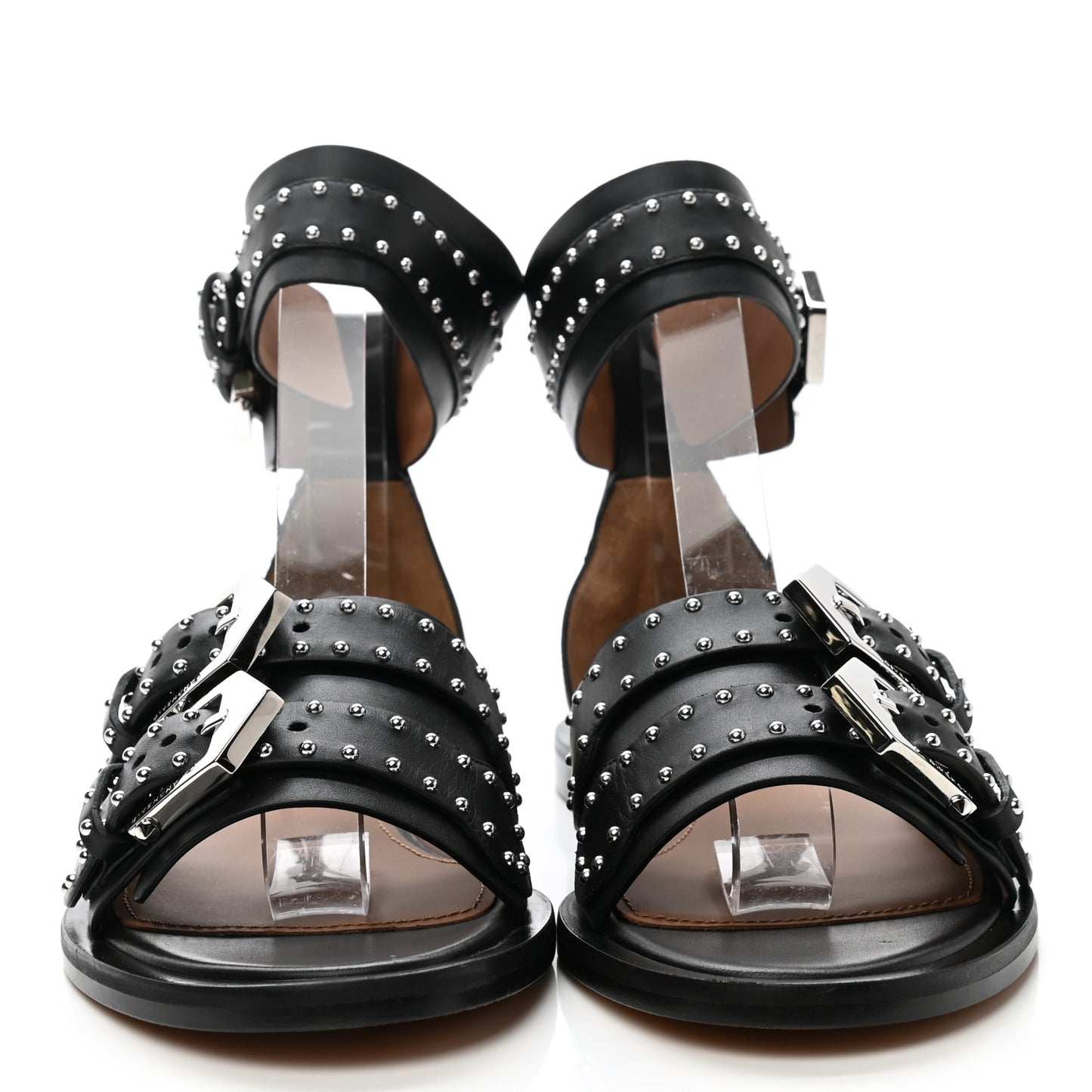 Calfskin Studded Elegant Flat Sandals 37 Black