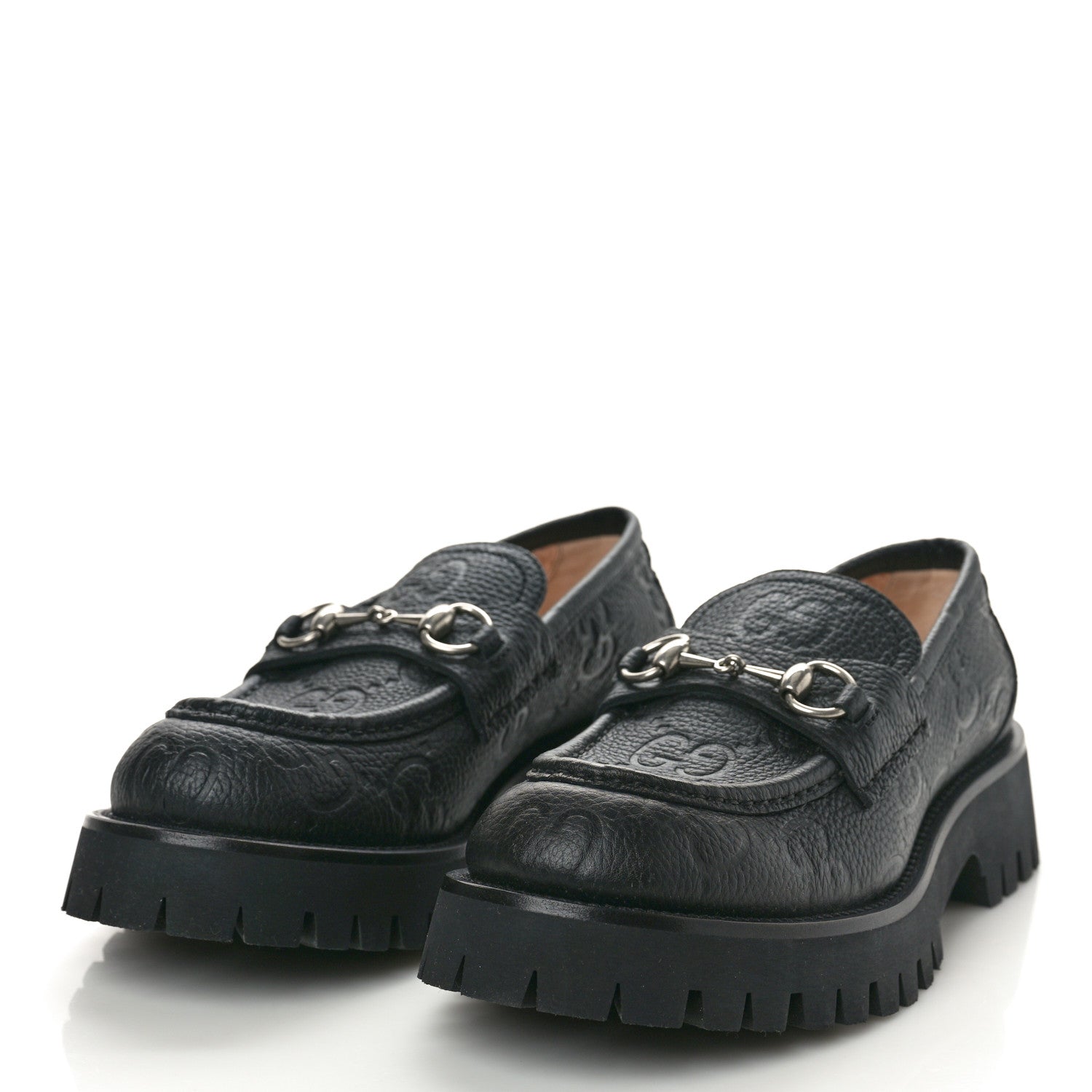 Gucci Piuma Calfskin Embossed Womens Platform Lug Sole Loafers 40 Black 2 of 11