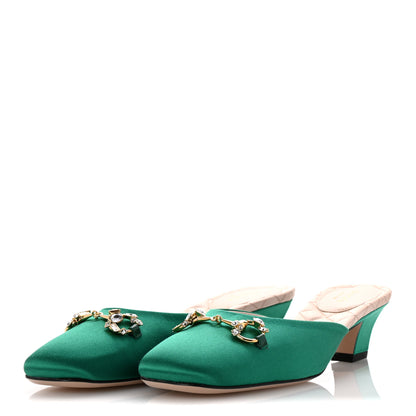 Gucci Silk Satin Crystal Embellished Horsebit Mules 36.5 Shamarock Emerald 4 of 10