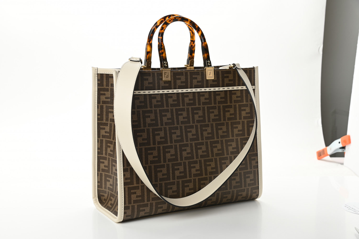 Fendi Glazed Fabric Vitello King Plexiglass FF 1974 Logo Hairdo Girls Inlay Medium Fendi Sunshine Shopper Tote Mogano Panna Multicolor 3 of 16