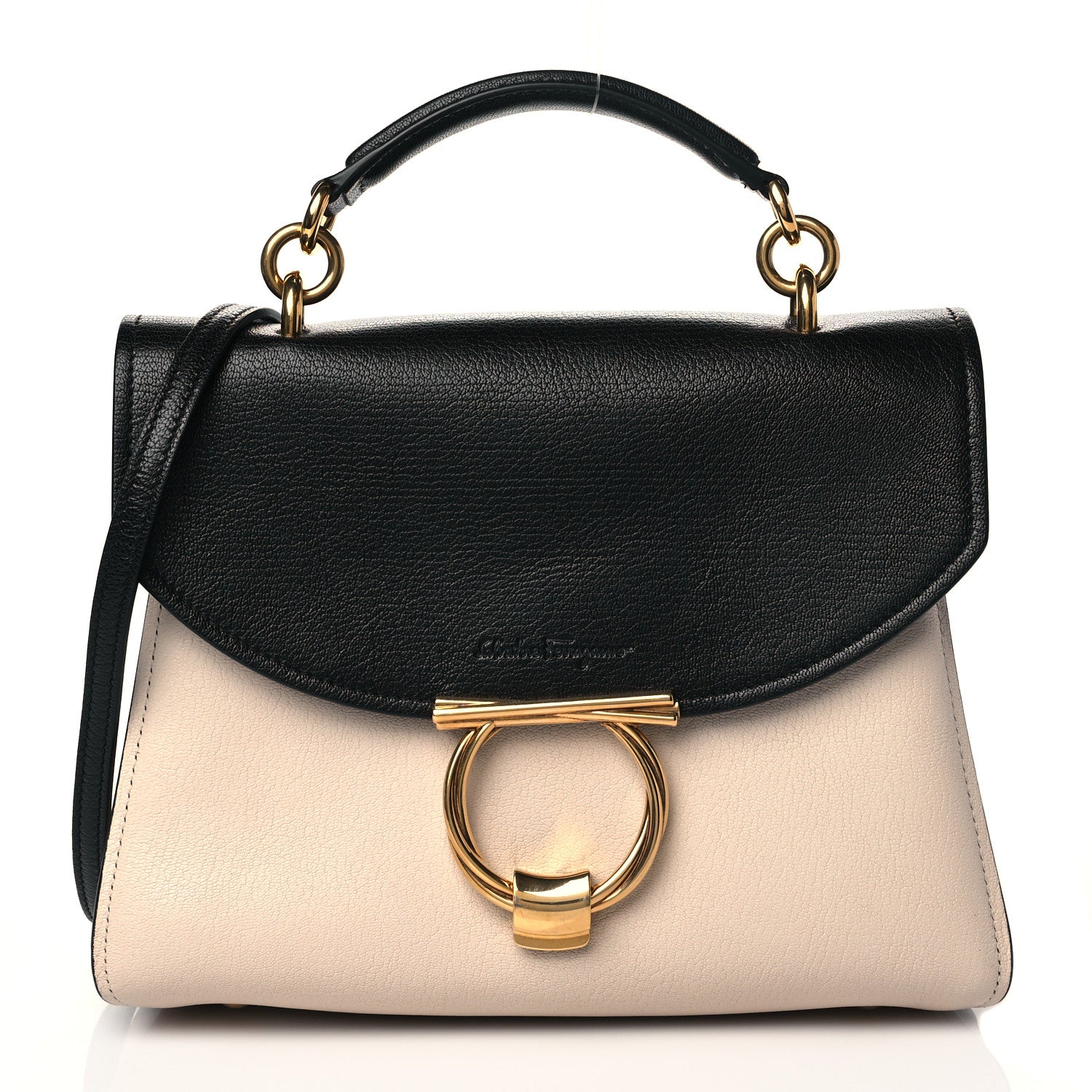 Salvatore Ferragamo Calfskin Margot Top Handle Satchel Beige Black 1 of 9