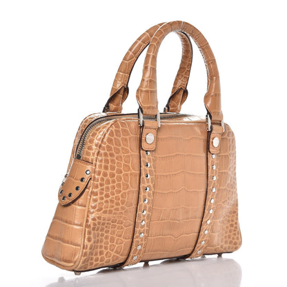 Versace Croc Calfskin Embossed Small Studded Satchel Beige 3 of 9
