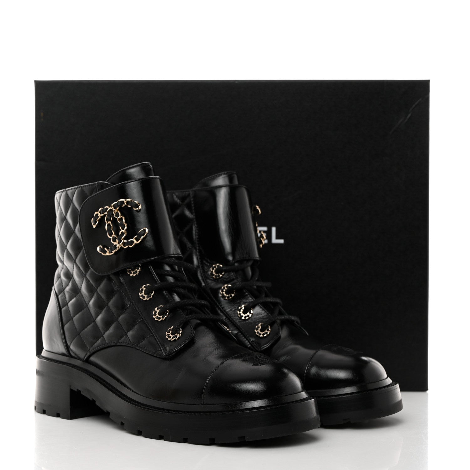 Chanel Shiny Calfskin Quilted Lace Up Combat Boots 40.5 Black 9 of 9