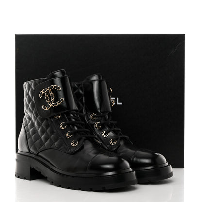 Chanel Shiny Calfskin Quilted Lace Up Combat Boots 40.5 Black 9 of 9