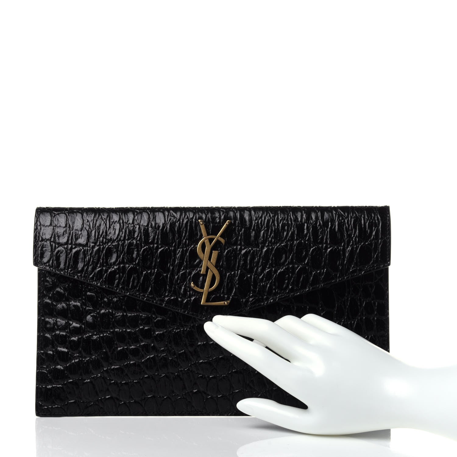 Saint Laurent Calfskin Crocodile Embossed Uptown Monogram Clutch Black 2 of 16