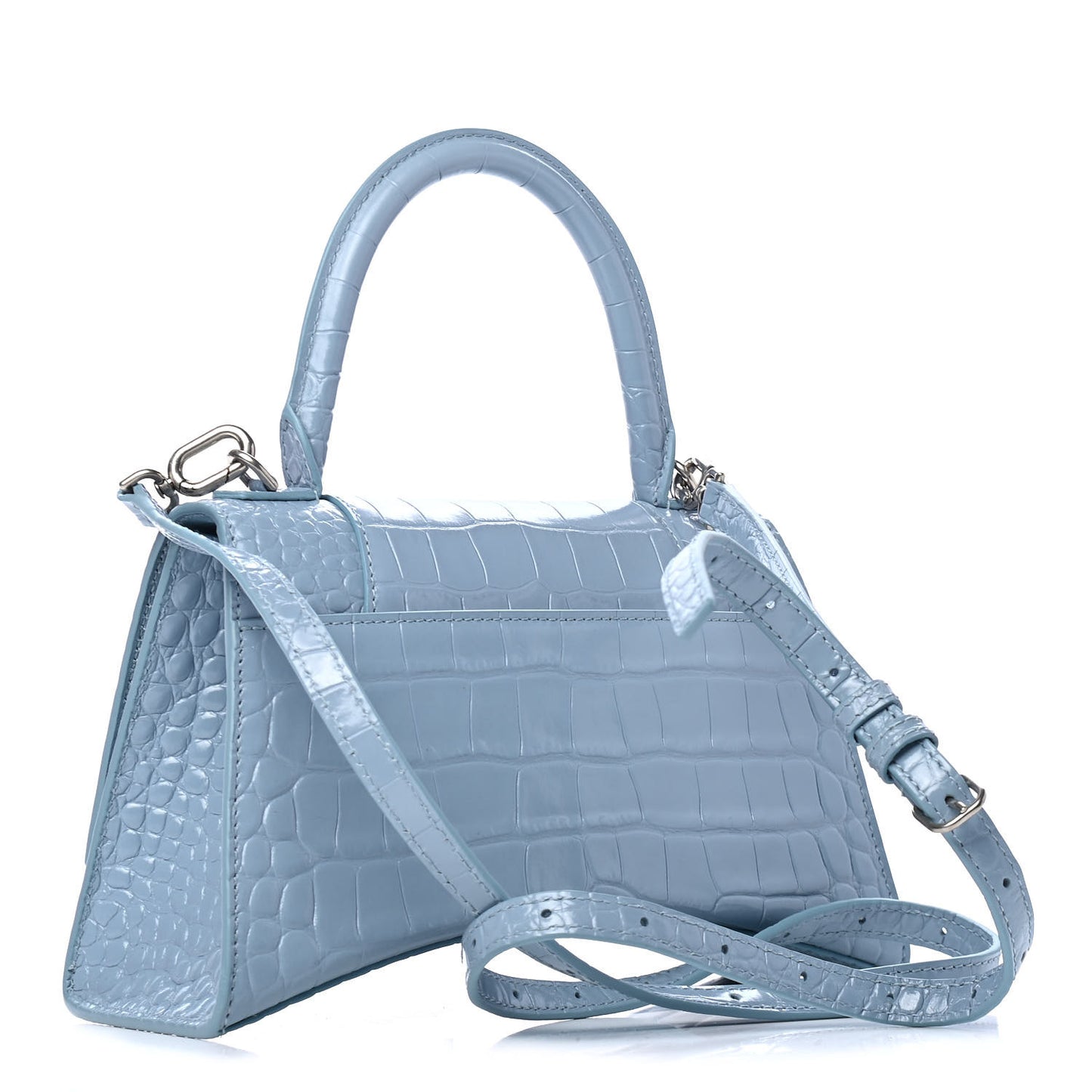 Shiny Calfskin Crocodile Embossed Small Hourglass Top Handle Bag Blue Grey