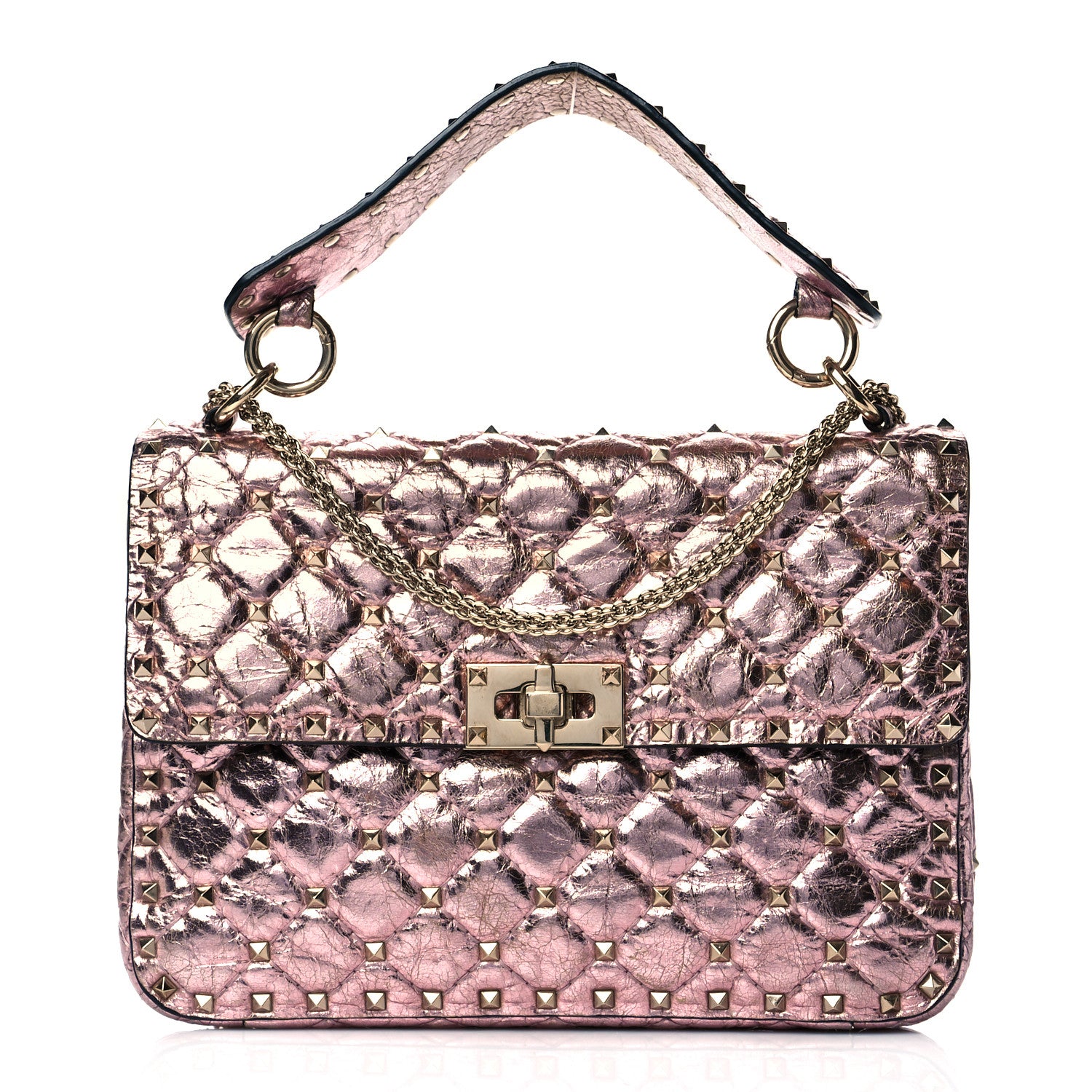 Valentino Garavani Metallic Wrinkled Lambskin Medium Rockstud Spike Shoulder Bag Lipstick 1 of 9
