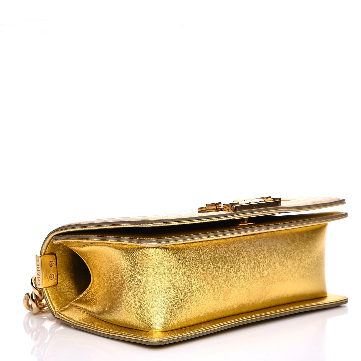 Metallic Patent Calfskin Quilted Small Boy Flap Gold