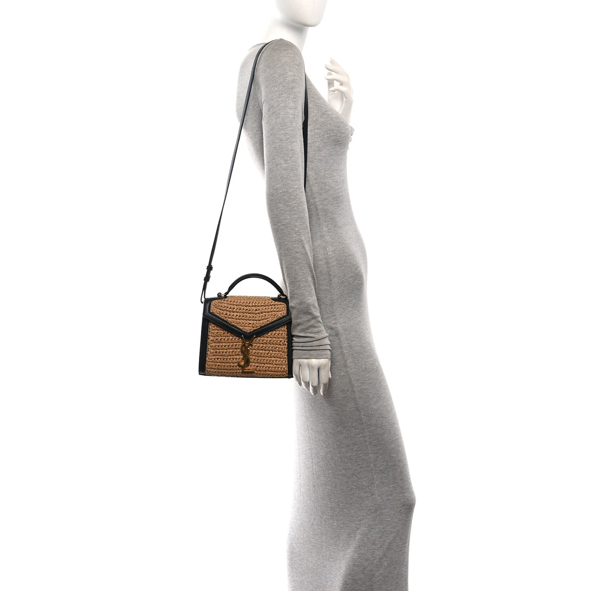 Raffia Calfskin Mini Classic Monogram Cassandra Top Handle Black Natural