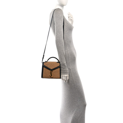 Saint Laurent Raffia Calfskin Mini Classic Monogram Cassandra Top Handle Black Natural 2 of 10