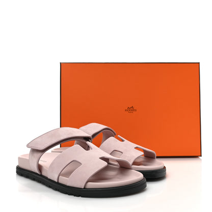 Hermes Suede Goatskin Womens Chypre Sandals 37.5 Rose Porcelaine 9 of 9