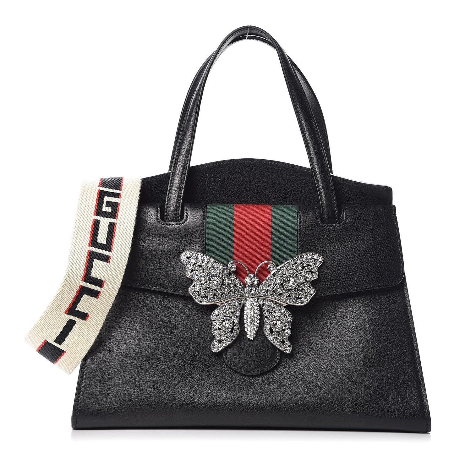 Grained Calfskin Web Crystal Butterfly Stripe Medium Totem Top Handle Bag Black