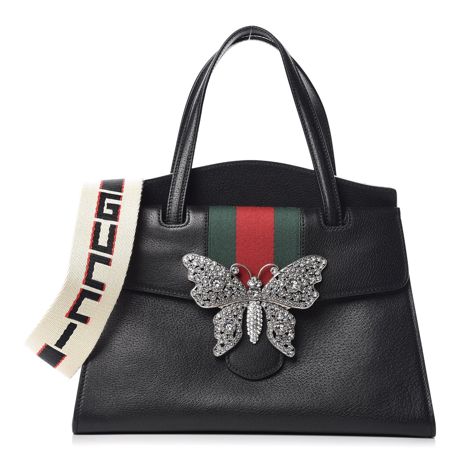 Gucci Grained Calfskin Web Crystal Butterfly Stripe Medium Totem Top Handle Bag Black 1 of 10