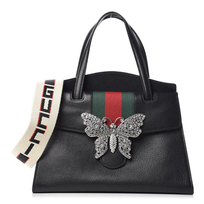Gucci Grained Calfskin Web Crystal Butterfly Stripe Medium Totem Top Handle Bag Black 1 of 10