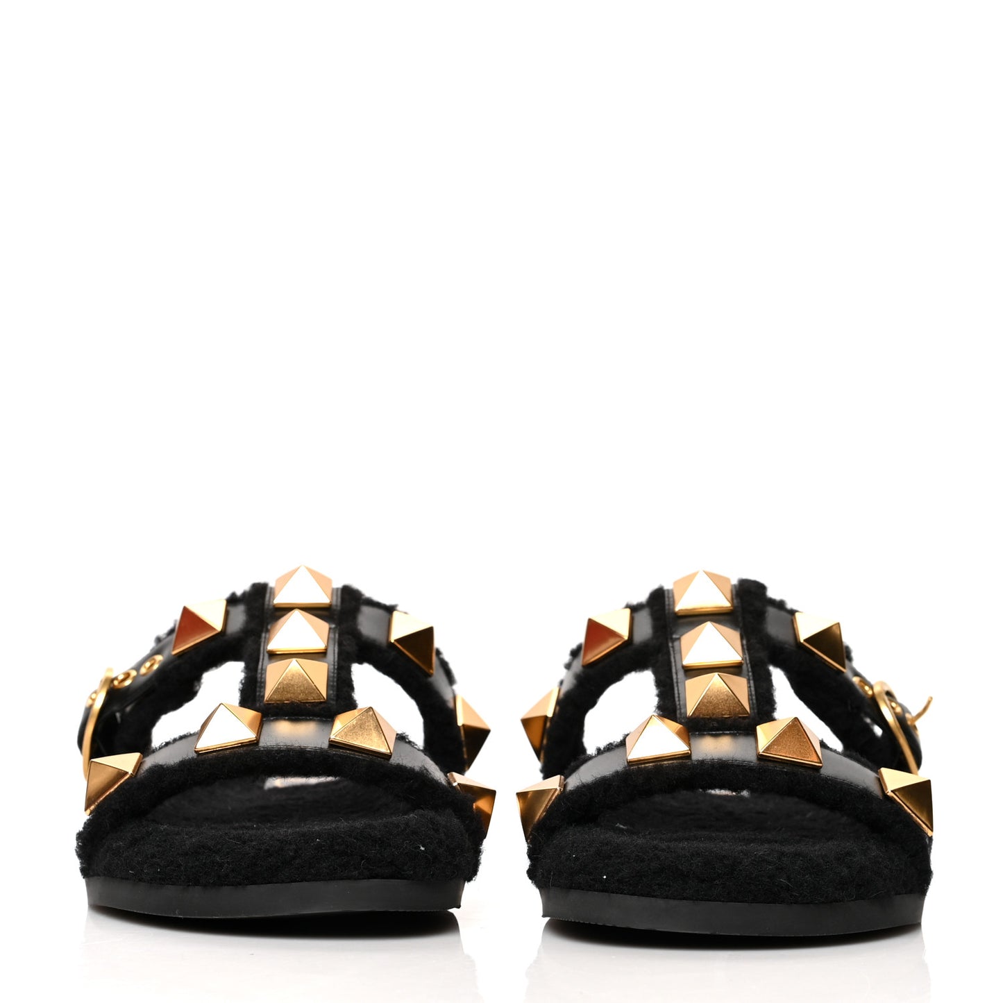 Shearling Roman Stud 5mm Slide Sandals 37 Black