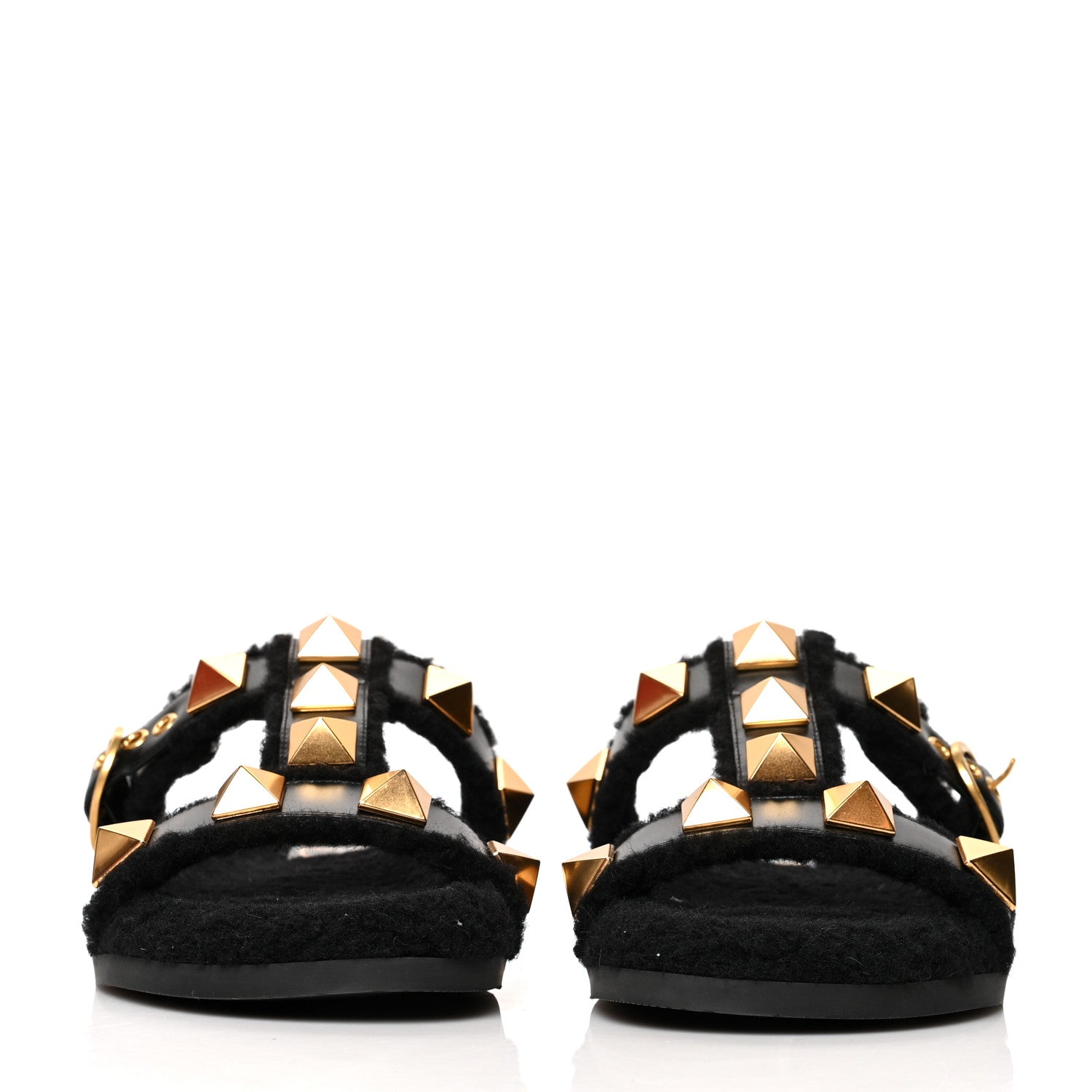 Valentino Garavani Shearling Roman Stud 5mm Slide Sandals 37 Black 2 of 8